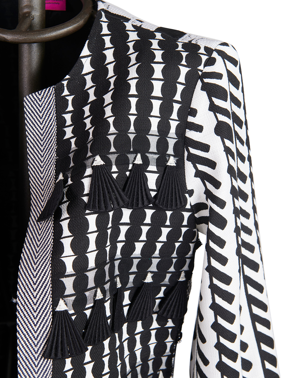 7/8 black and white duster coat in printed, textured and embroidered ...