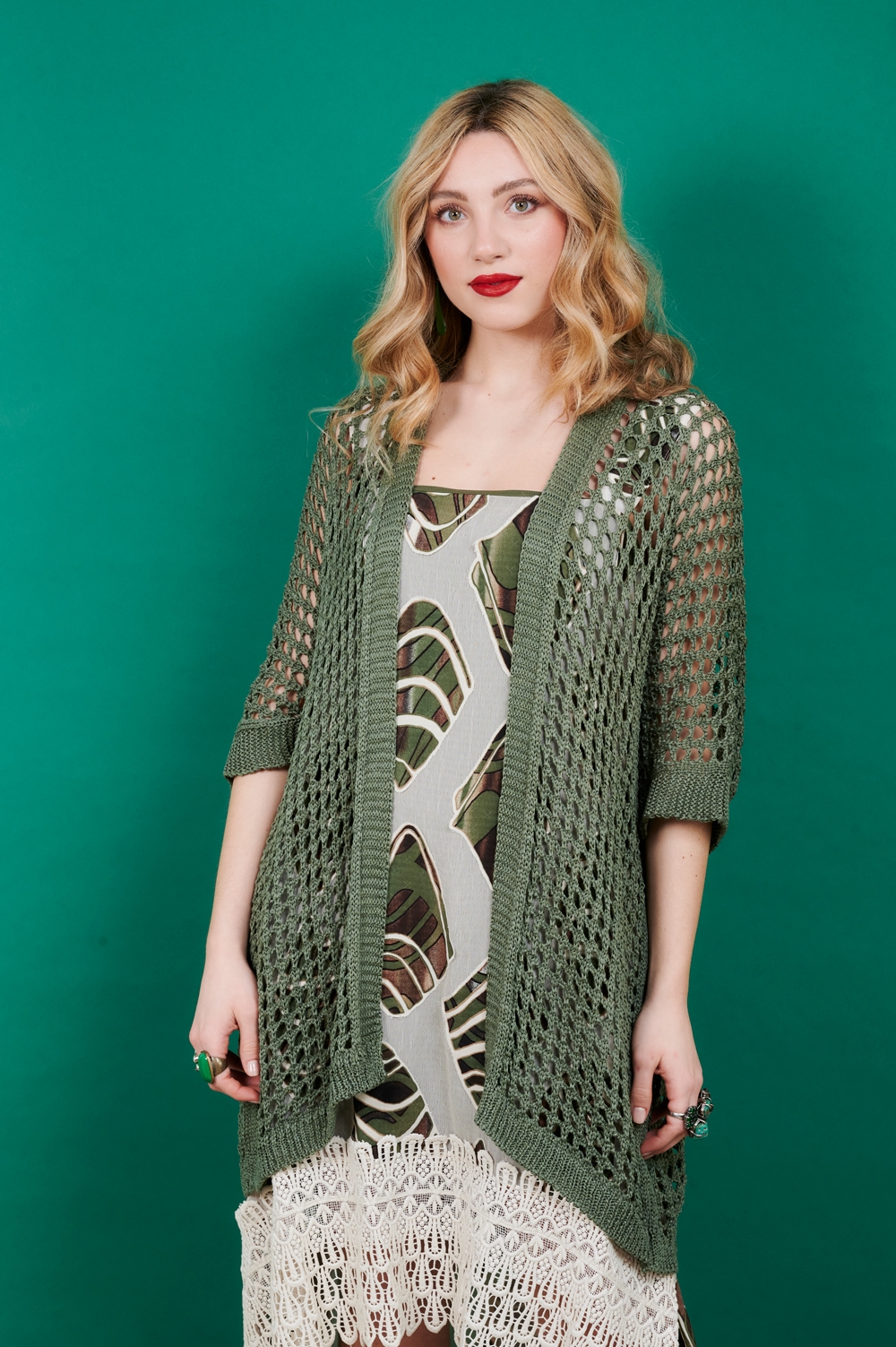 Long green cardigan in openwork tricot Save The Queen!