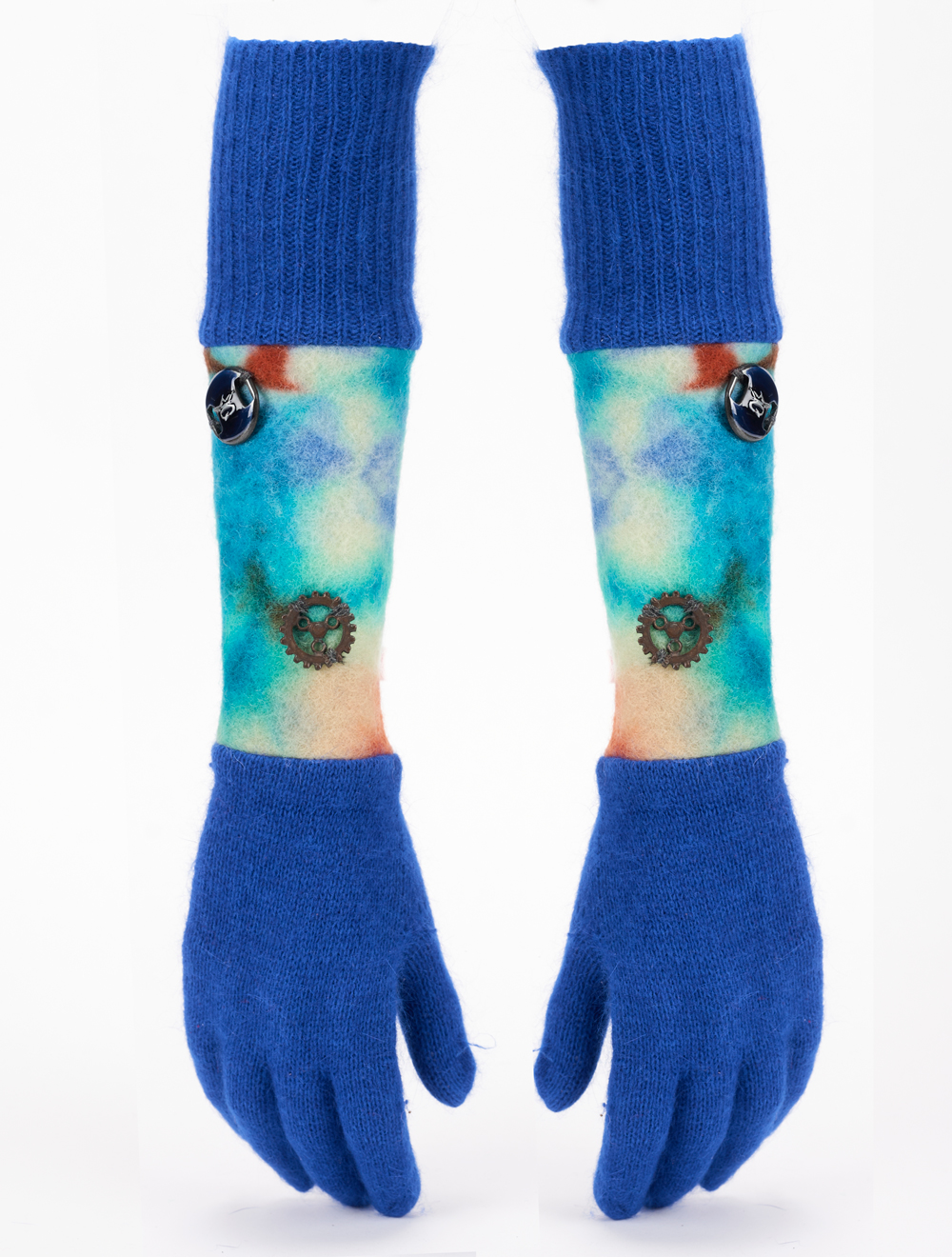 Save The Queen Guanti blu di angora con manica in lana cotta tie-dye