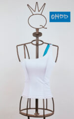 Top stretch bianco monospalla con stampa