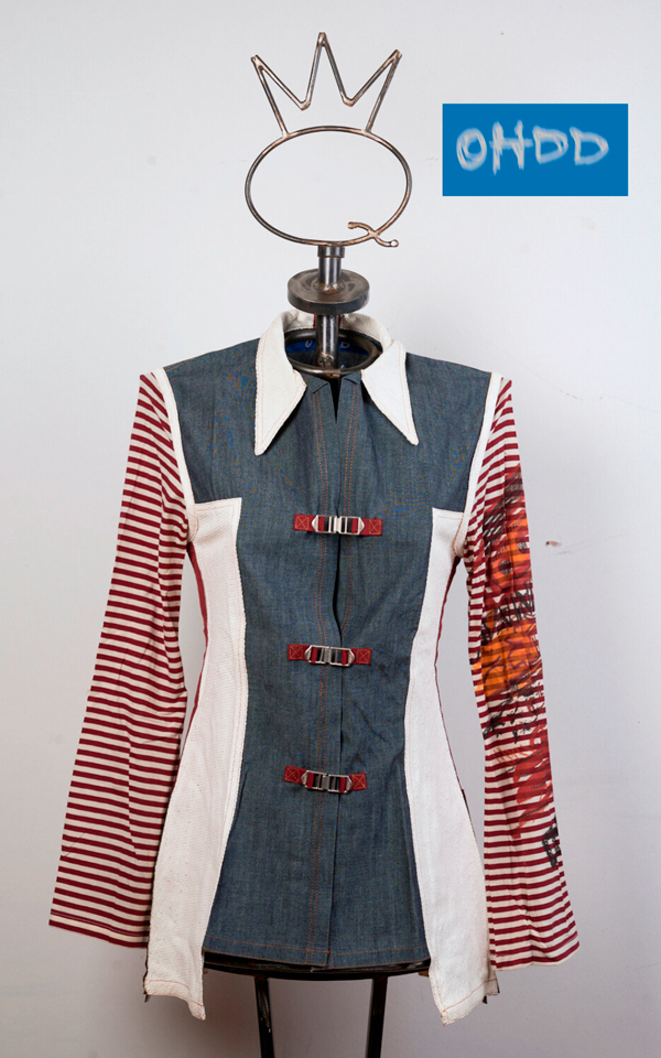 04SOH5211_A Long denim jacket with raffia inserts and printed sleeves - Image 1