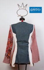 Long denim jacket with raffia inserts and printed sleeves - Image 2