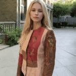 Modella con capelli lunghi e biondi, indossa una giacca patchwork dai colori caldi in un ambiente urbano. Sullo sfondo si intravedono edifici moderni e vegetazione.