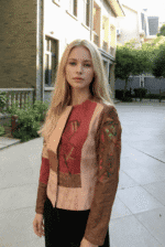 Veste patchwork en cuir et lin avec imprimé