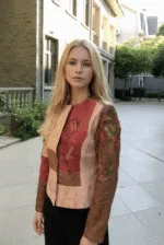 Printed leather and linen patchwork jacket