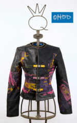 Black leather and cotton jacket with print