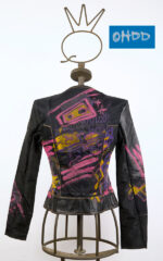 Black leather and cotton jacket with print - Image 2