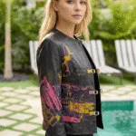 Black leather and cotton jacket with print