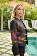 Modella che indossa una giacca in pelle nera con dettagli colorati, in piedi vicino a una piscina. Sfondo verde con sedie a sdraio. Fashion e stile contemporaneo.
