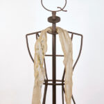 Sand-colored silk crepon scarf with rolled hem and print