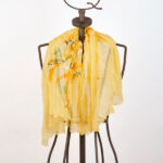 Yellow silk crepon scarf with print and hand-rolled hem