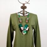 Military green stretch cotton top with necklace