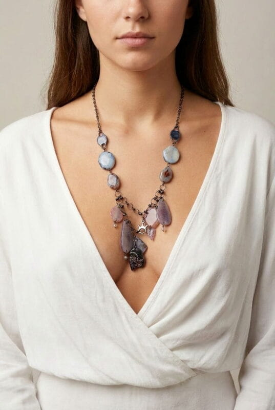 Collana elegante con pietre di diverse forme e colori indossata da una donna in una maglietta bianca, evidenziando il design unico e moderno del gioiello.