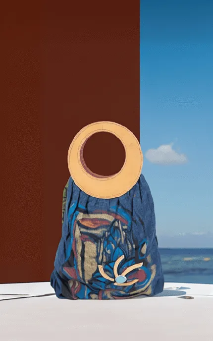 Borsa di design con manico rotondo in pelle, realizzato in tessuto blu con motivi colorati e decorazioni floreali, su sfondo marino e cielo sereno.