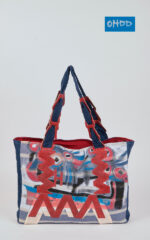 Denim blue cotton handbag with genuine leather ring handles