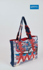 Denim blue cotton handbag with genuine leather ring handles - Image 3