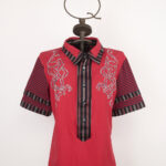 Men's red short-sleeved shirt with stripes and embroidery