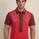 Chemise T-shirt rouge pour homme avec rayures et broderie