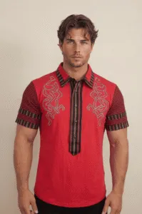 Men's red short-sleeved shirt with stripes and embroidery