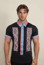 Black men's T-shirt with stretch cotton and embroidered appliqué