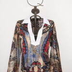 Blouse uomo collo Robespierre in cotone e lino con stampa tribale