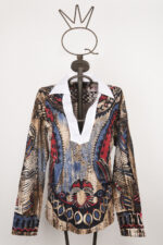 Blouse uomo collo Robespierre in cotone e lino con stampa tribale