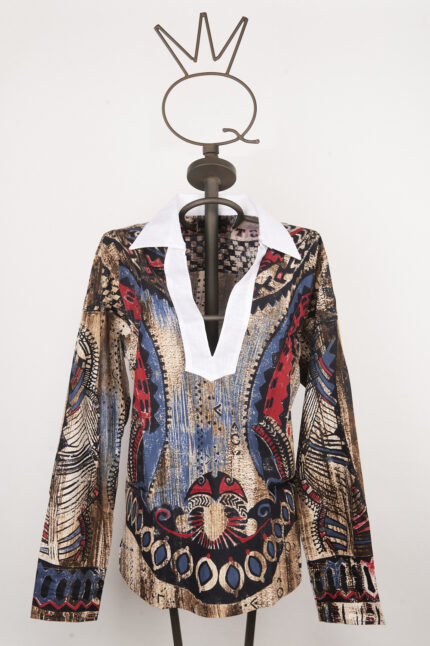 Men's Robespierre collar blouse in cotton and linen with tribal print