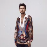 Blouse homme col Robespierre en coton et lin avec imprimé tribal