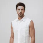 Men's white sleeveless linen shirt with embroidery
