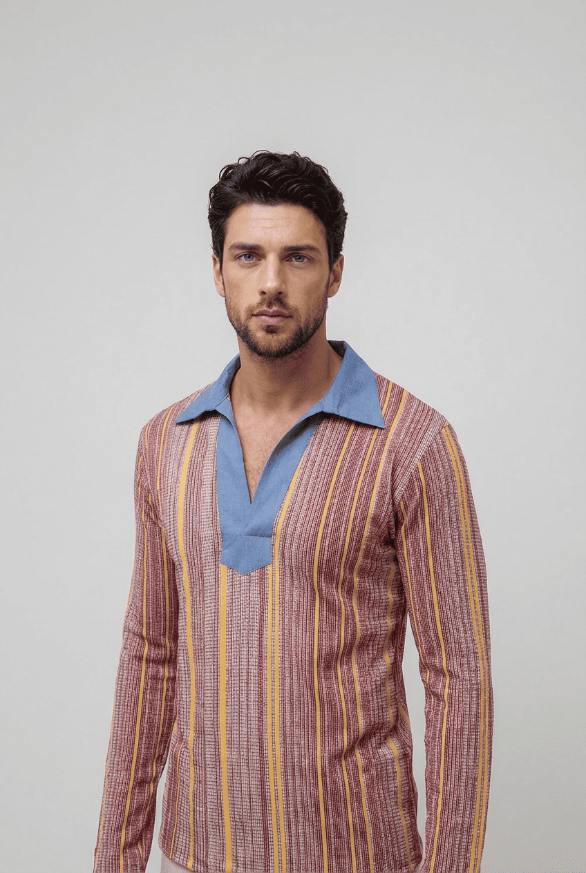 05SSQ2133_model Blouse homme col Robespierre en coton et lin imprimé – Image 1