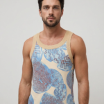 Men's stretch cotton tank top with Japanese-inspired print
