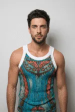 Uomo che indossa una canotta con un design colorato e artistico, in primo piano su sfondo neutro. La canotta presenta motivi vivaci e dettagli intricati, ideale per uno stile casual e moderno.