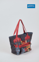 Blue cotton handbag with appliqués and print - Image 3