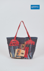 Blue cotton handbag with appliqués and print - Image 2