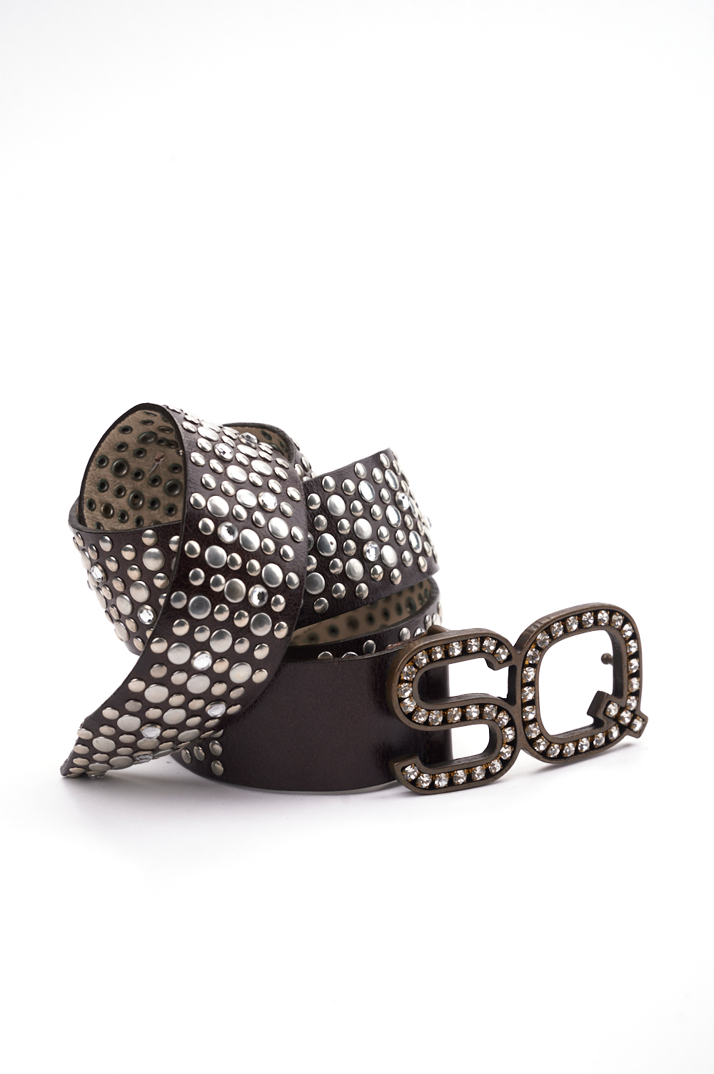 06WSQ6341_A Ceinture marron foncé en cuir véritable avec clous et strass Swarovski – Image 1