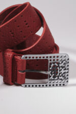 Red genuine leather belt with logo buckle - Image 2