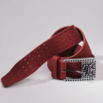 Red genuine leather belt with logo buckle