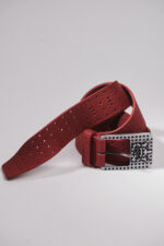 Red genuine leather belt with logo buckle