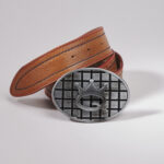 Brown genuine leather belt with logo buckle