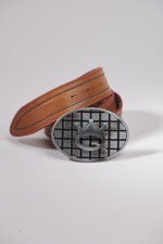 Brown genuine leather belt with logo buckle