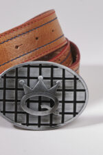 Brown genuine leather belt with logo buckle - Image 2