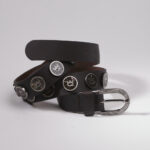 Brown genuine leather belt with studs and logo