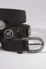 Brown genuine leather belt with studs and logo - Image 2
