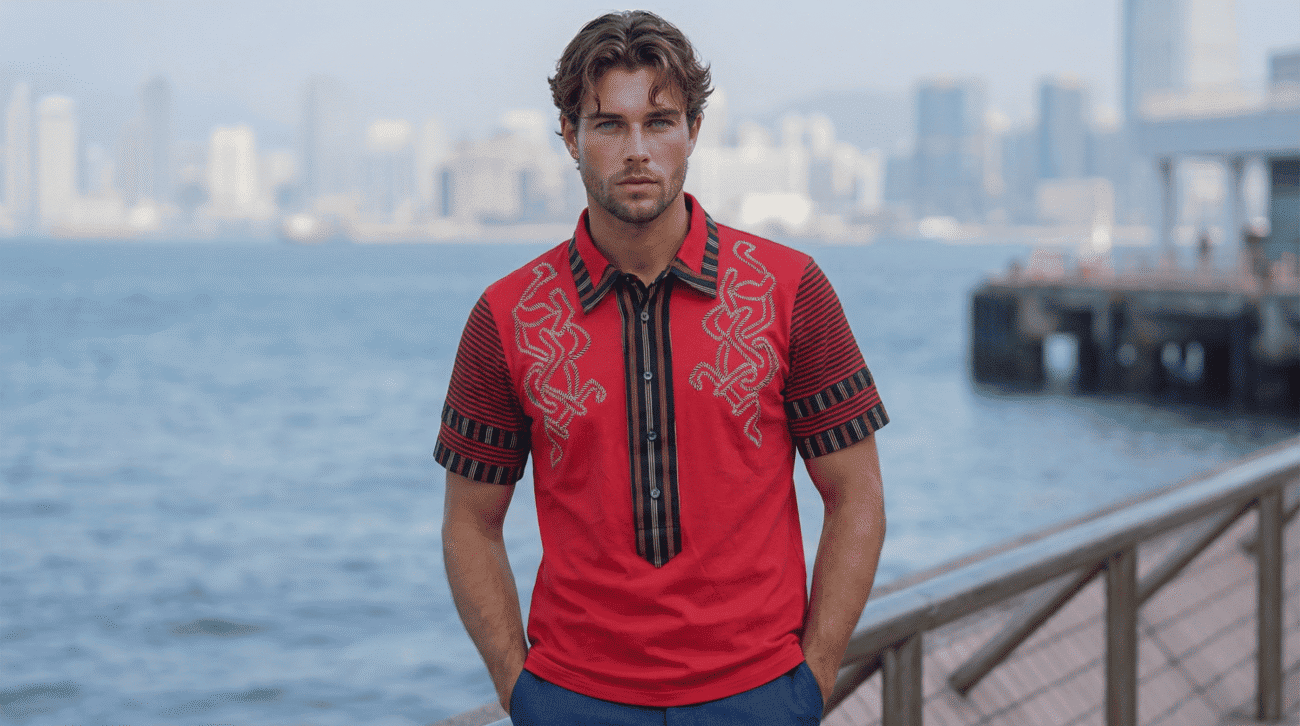 Uomo in camicia rossa con dettagli neri e motivi decorativi, in posa davanti a un paesaggio urbano sullo sfondo.