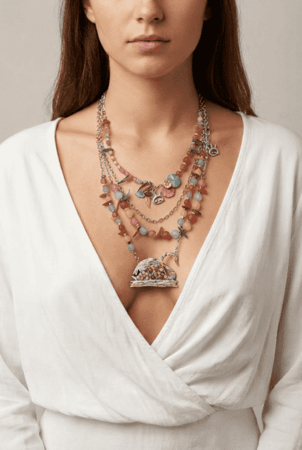 Collana multistrato colorata indossata da una donna, con perline di diversi colori e un pendente a forma di coniglio fiorito, su sfondo neutro e abbigliamento bianco.