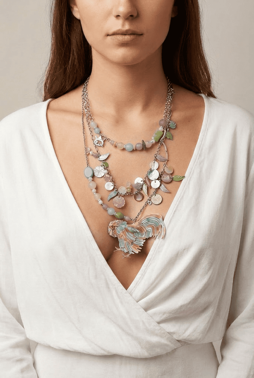 11SSQ118579_model Collana multistrato con pendente colorato a forma di gallo, composta da perline di varie forme e colori, indossata da una donna con una camicia bianca scollata.