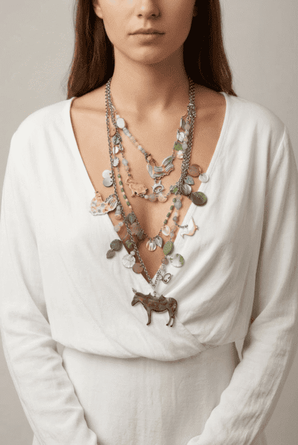 Collana multistrato indossata da una donna, composta da pendenti colorati a forma di animali e perle decorative, abbinata a una camicia bianca.