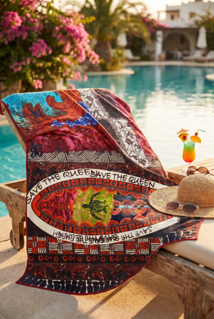 Asciugamano colorato con motivi artistici disteso su un lettino accanto a una piscina, con occhiali da sole e un cappello di paglia, in un ambiente tropicale.