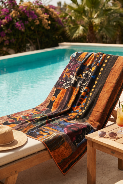 Asciugamano colorato su una sdraio accanto a una piscina, circondato da piante fiorite. Un cappello di paglia e un bicchiere di cocktail sono posizionati su un tavolino in legno.