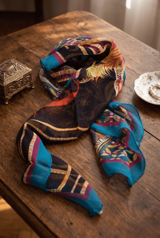 Foulard in crepon di seta con orlo roulotté, caratterizzato da una vivace stampa floreale su sfondo scuro, posato su un tavolo di legno.